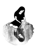 Czarno-biała grafika dziewczyny przypatrującej się swojemu odbiciu w wodzie.