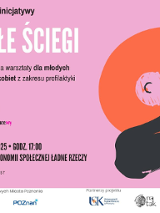 Plakat informujący o warsztatach z profilaktyki badania raka piersi, obok rysunkowe wyobrażenie takiego badania, na różowym tle.