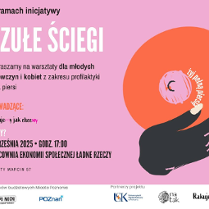 Plakat informujący o warsztatach z profilaktyki badania raka piersi, obok rysunkowe wyobrażenie takiego badania, na różowym tle.