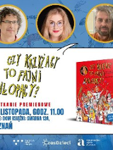 Grafika promująca premierowe spotkanie książki "Czy Krzyżacy to fajni chłopacy?". Po lewej stronie znajduje się tytuł w żółtym kolorze na jasnym tle, poniżej szczegóły wydarzenia: 29 listopada, godz. 11.00, Dom Książki, Gwarna 13A, Poznań. Po prawej stronie widoczna jest okładka książki w czerwonej tonacji z ilustracjami postaci w średniowiecznych strojach. Na dole znajdują się logotypy organizatorów i partnerów: CzasDzieci oraz inne instytucje.