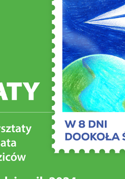 Baner, na zielonym tle białe napisy, w prawym górnym roku duży znaczek z obrazkiem kuli ziemnskiej i ręką trzymającą papierowy samolocik.