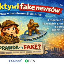Grafika ilustrująca. Grafika w formie rysunkowej. Na obrazku po lewej widać dwójkę dzieci (chłopca i dziewczynkę) w strojach Sherlocka Holmesa. Za nimi, na prawo znajduje się goryl jedzący hamburgera, siedzący na spodku kosmicznym. Na grafice znajdują się informacje dotyczące nazwy, terminu spotkania i miejsca. Po prawej stronie znajdują się logotypy unijne.