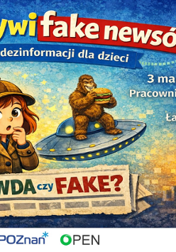 Grafika ilustrująca. Grafika w formie rysunkowej. Na obrazku po lewej widać dwójkę dzieci (chłopca i dziewczynkę) w strojach Sherlocka Holmesa. Za nimi, na prawo znajduje się goryl jedzący hamburgera, siedzący na spodku kosmicznym. Na grafice znajdują się informacje dotyczące nazwy, terminu spotkania i miejsca. Po prawej stronie znajdują się logotypy unijne.