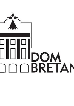 Czarno-biały szkic domu z napisem Dom Bretanii.