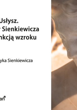 Popiersie kobiety, obok informacje o wystawie dla osób z dysfunkcją wzroku.