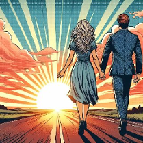 Dwoje ludzi trzyma się za ręce i kieruje się w stronę słońca, które jest na linii horyzontu