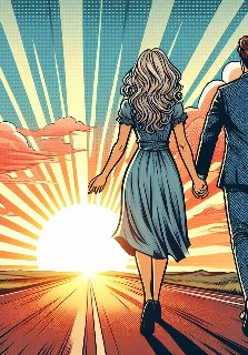 Dwoje ludzi trzyma się za ręce i kieruje się w stronę słońca, które jest na linii horyzontu