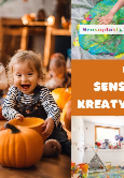 Dzieci bawią się dyniami i innymi zabawkami. Pokój jest udekorowany dyniami i innymi jesiennymi dekoracjami. Obraz jest jasny i kolorowy, wydaje się być wykonany w przedszkolu lub żłobku.