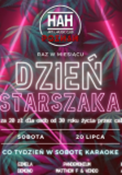 Plakat reklamujący wydarzenia utrzymany w różowej kolorystyce, pośrodku napis Dzień Starszaka, dookoła liście palm.