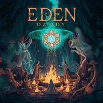 Grafika przedstawia fantastyczny las pełen mitologicznych stworzeń i roślin. Na środku lasu pali się ognisko, wokół którego tańczą postacie.