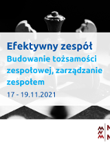 Bierki szachowe w kolorach czarnym i szarym, ustawione na planszy, skupione wokół leżącej figury króla. Na dole logotypy organizatorów - Poznań Biznes Partner i Mikrobiznes na Maksa. Na środku grafiki na pierwszym planie tytuł szkolenia: Efektywny zespół: Budowanie tożsamości zespołowej, zarządzanie zespołem.