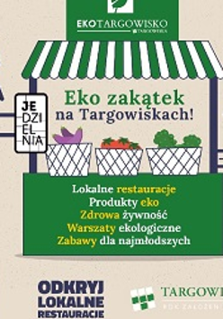 Grafika promująca, na śrtodku zielony stragan, kosze z warzywami, wokół niebieskie elementy dróg zakończonych rękoma trzymającymi przyrządy kuchenne.