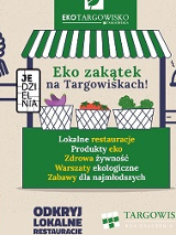 Grafika promująca, na śrtodku zielony stragan, kosze z warzywami, wokół niebieskie elementy dróg zakończonych rękoma trzymającymi przyrządy kuchenne.