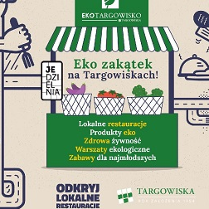 Grafika promująca, na śrtodku zielony stragan, kosze z warzywami, wokół niebieskie elementy dróg zakończonych rękoma trzymającymi przyrządy kuchenne.