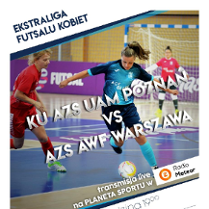 Plakat Ekstraligi Futsalu Kobiet - trzy zawodniczki w akcji podczas meczu