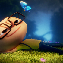 Zdjęcie, kadr z fimu "Fantastyczny Angelo", animowana postać chłopca leży na trawie, nad głową postaci lata motyl.