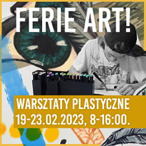 Osoba w czapce rysuje na kartce. W tle obraz przedstawiający oko. Nad i pod tym wszystkim ciągną się informacje o wydarzeniu Ferie Art.