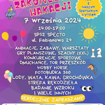 Kolorowy plakat z nazwą wydarzenia i naklejkami dla dzieci. Sponsorzy są wypisani na dole.