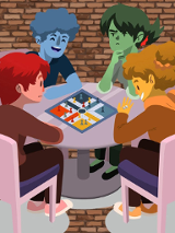 Rysunek kilku osób siedzących przy stole z planszówkami.