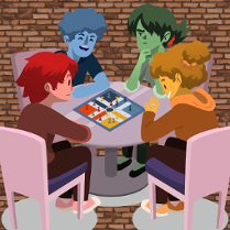 Rysunek kilku osób siedzących przy stole z planszówkami.