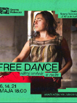 Prowadząca zajęcia w trakcie warsztatów. Kobieta ma zamknięte oczy, jest skupiona. Czarne napisy na zielonym tle informujące o wydarzeniu.