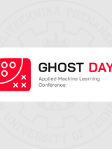 Logo konferencji "GHOST DAY - Applied Machine Learning Conference". Grafika zawiera czerwono-biały symbol przypominający wykres decyzyjny oraz napisy w czerni i czerwieni. W tle widoczny jest delikatny zarys logo Politechniki Poznańskiej.