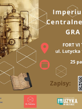 Plakat przedstawia starą maszynerię parową. Po prawej biały napis "Imperium Pary: Kryzys Centralnej Maszyny Czasu. Gra terenowa".
