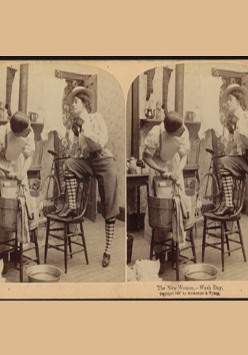 Grafika XIX-wieczna: mężczyzna i kobieta w spodniach