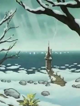 Zima. Wod, dom Muminków, drzewo - wszędzie śnieg.