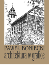 Drewniany kościół - rysunek czarno-biały, pod nim nazwisko artysty i tytuł wystawy, brązowa ramka