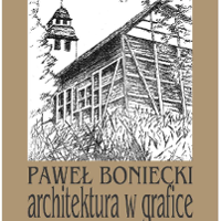 Drewniany kościół - rysunek czarno-biały, pod nim nazwisko artysty i tytuł wystawy, brązowa ramka