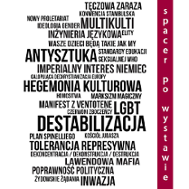 Czarne napisy na białym tle, wyrazy nawiązują do tematu wystawy (np. antysztuka, hegemonia kulturowa).