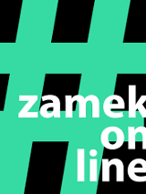 Na czarnym tle umieszczono pastelowo-zielony znak # oraz biały napis zamek online.