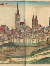 Grafika przedstawia drzeworytową ilustracją panoramy średniowiecznego miasta.