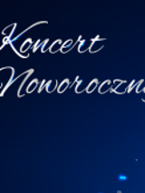Na granatowym tle napis koncert noworoczny.