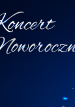 Na granatowym tle napis koncert noworoczny.