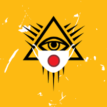 Na żółtym tle czarny znak oka opatrzności, na którym wisi maseczka ochronna.