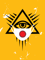 Na żółtym tle czarny znak oka opatrzności, na którym wisi maseczka ochronna.