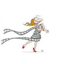 Grafika przedstawia uśmiechnięta kobietę owiniętą taśmą filmową.