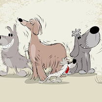 grafika przedstawia kreskówkowe psy i koty