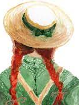 Narysowana od tyłu dziewczynka. Na głowie ma staroświecko słomkowy kapelusz z zieloną wstążką, spod którego wystają dwa rude warkocze. Dziewczynka ubrana jest w zieloną bluzkę i jasną spódniczkę lub fartuszek, którego szelki krzyżują się na jej plecach.