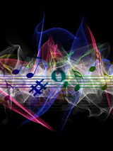 Na grafice kolorowe nuty na pięciolinii na czarnym tle.