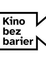 Grafika przedstawia duży czarny napis Kino bez barier wstawiony w prostą figurę przypominającą kształtem kamerę wyświetlającą film. Proste czarne linie układają się w kwadrat, po prawej stronie dwie kreski imitują światło projektora.
