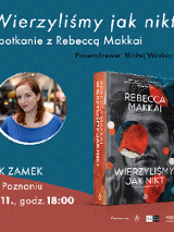 Grafika zapowiadająca spotkanie. Na niebiesko-pomarańczowym tle okładka książki i portret autorki oraz szczegóły dotyczące wydarzenia (tytuł spotkania, nazwisko prowadzącego, logotypy organizatorów).