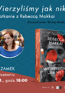 Grafika zapowiadająca spotkanie. Na niebiesko-pomarańczowym tle okładka książki i portret autorki oraz szczegóły dotyczące wydarzenia (tytuł spotkania, nazwisko prowadzącego, logotypy organizatorów).