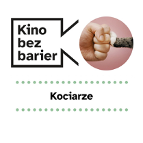 Grafika przedstawia logo Kina bez barier na białym tle i kadrem z filmu w okręgu. Kadr przedstawia zaciśniętą w pięść ludzką dłoń i opierającą się o nią kocią łapę. Poniżej duży czarny tytuł "Kociarze" pomiędzy rzędami zielonych kropek.