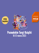 Na środku grafika przedstawiająca kilka sylwetek czytających książki. Na dole białe napisy informujące o wydarzeniu na fioletowym tle.