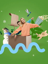 Chłopiec i dziewczynka w pudełku z żaglem. Obok bałwan. Na górze kubek z popcornem.