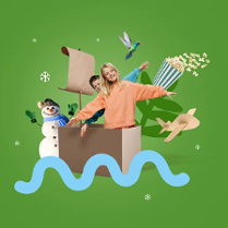 Chłopiec i dziewczynka w pudełku z żaglem. Obok bałwan. Na górze kubek z popcornem.