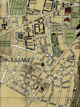 Mapa Łazarza z zaznaczonymi ulicami i różnymi obiektami, np. kościołami czy cmentarzem żydowskim.